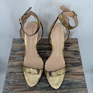Loeffler Randall Gold Scalloped Ankle Strap Heels Metallic Leather Wedding 8B